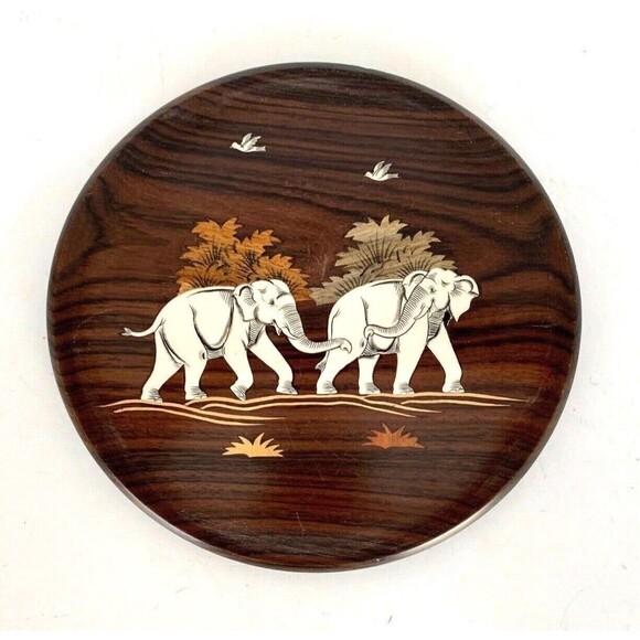 Vintage Handmade Wood Inlaid Elephants 9" Round Plate Dish Safari Decor - Picture 1 of 6